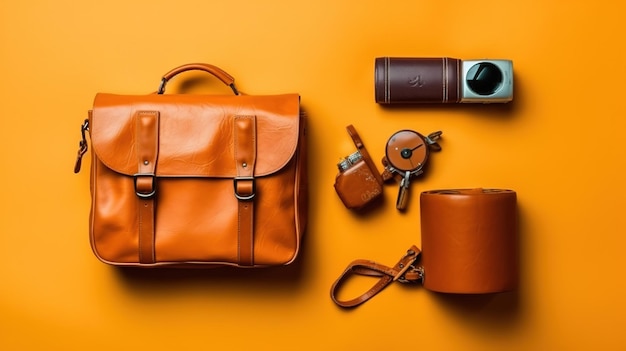 A brown bag and camera on a yellow background