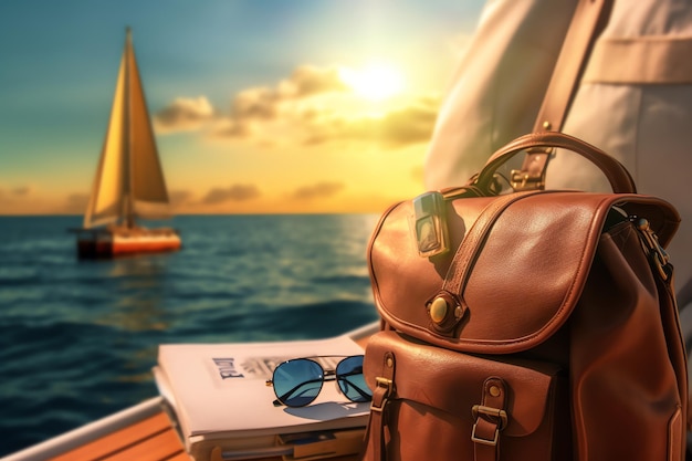 A brown bag is on a boat with a sailboat in the background.