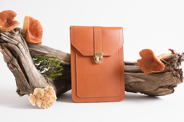 Brown bag and mushrooms on driftwood, gray background, eco leather from mushroom mycelium