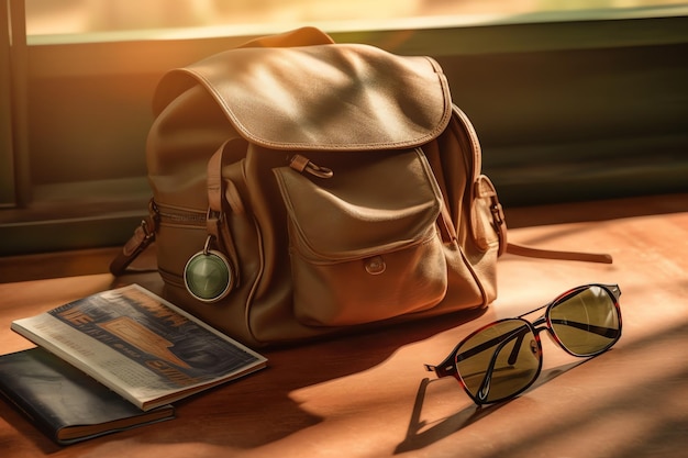 A brown bag and sunglasses sit on a wooden table with a book and sunglasses on it.