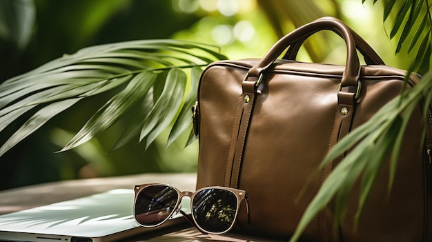 A brown bag and sunglasses on a table