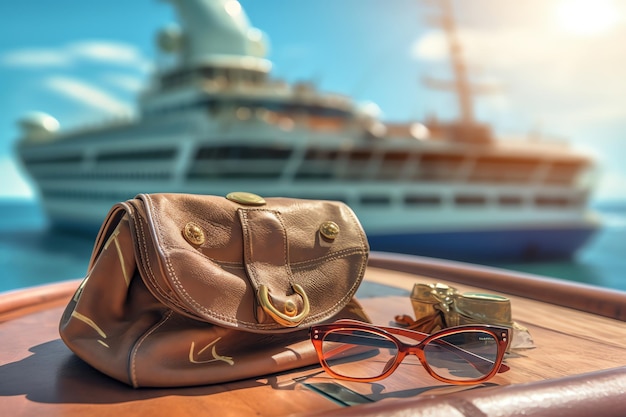 A brown bag with a pair of glasses sits on a boat in the background.