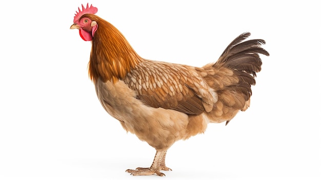 Photo brown barnevelder chicken hen standing side ways looking to the left isolated on white background