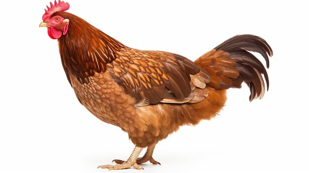 Photo brown barnevelder chicken hen standing side ways looking to the left isolated on white background