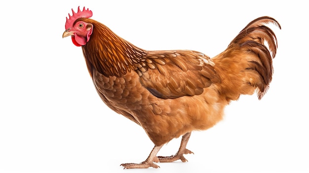 Photo brown barnevelder chicken hen standing side ways looking to the left isolated on white background