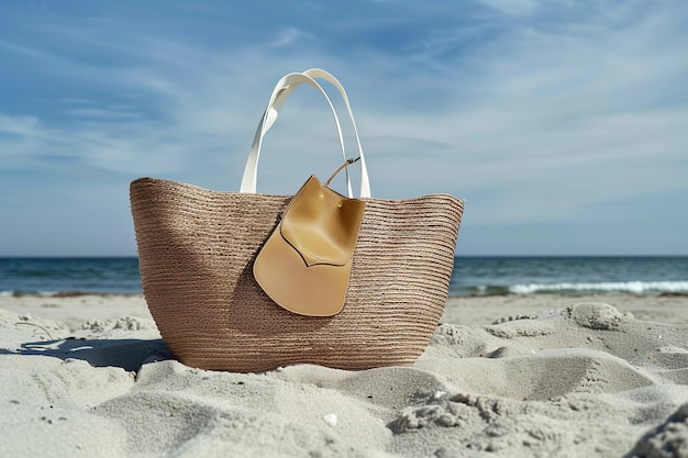 写真 茶色のビーチバッグは砂浜に立っています 海と澄んだ空は背景に見えます