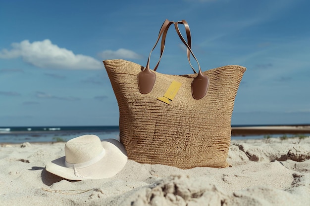 Brown beach bag stands on the sandy shore The sea and clear sky are visible on the background