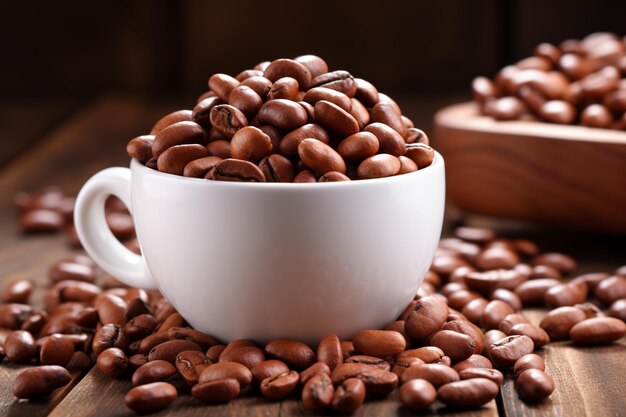 Brown beans in a white ceramic cup