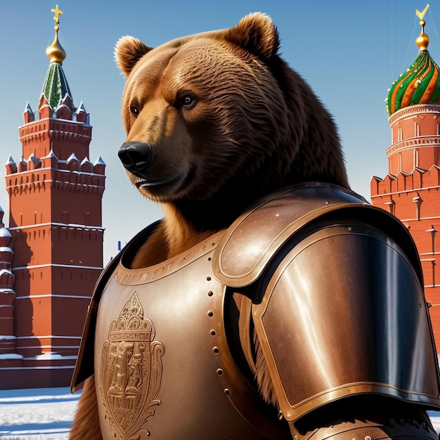 Brown bear in armor against the background of the Moscow Kremlin Generative AI