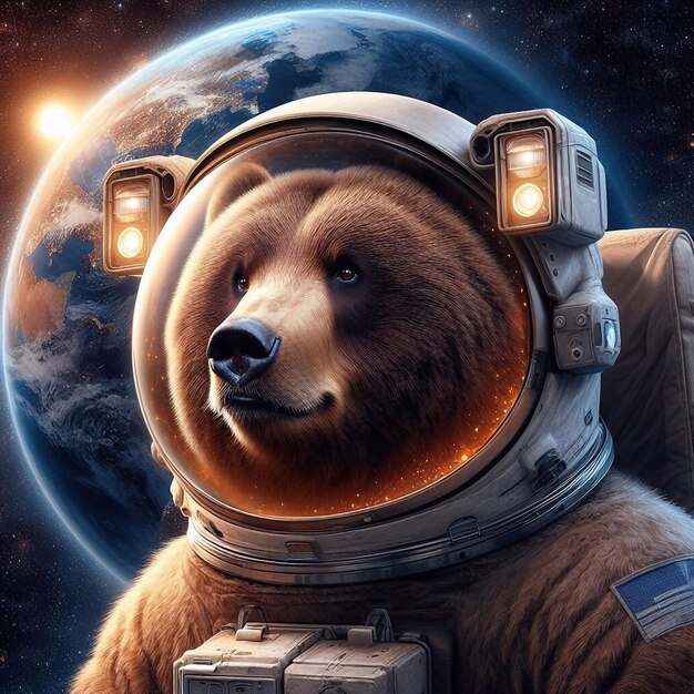 Brown bear in astronaut costume in space