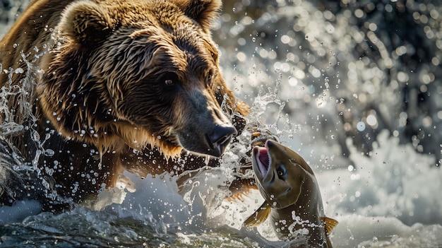 Brown bear catching a salmon in the water dynamic action scene