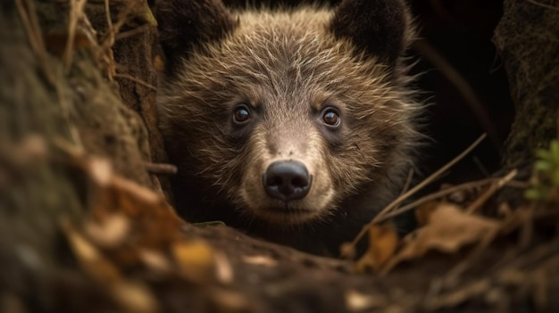 ヒグマの子がカメラを見つめています。