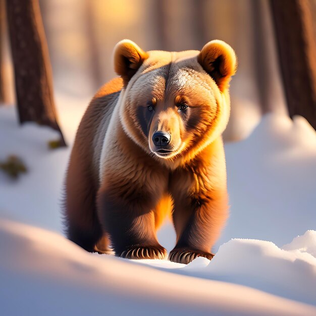 雪に覆われた森の中のヒグマの子 自然の生息地で危険な動物 大きな哺乳類 野生動物のシーン