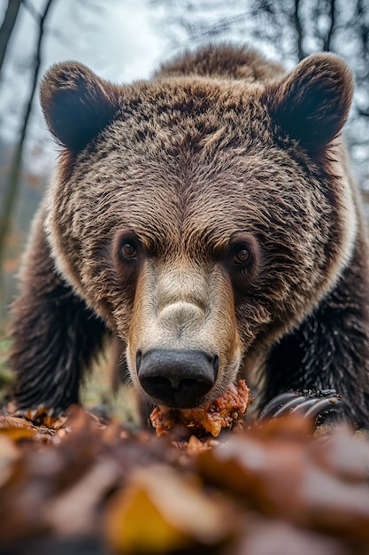 brown bear eats a piece of meat