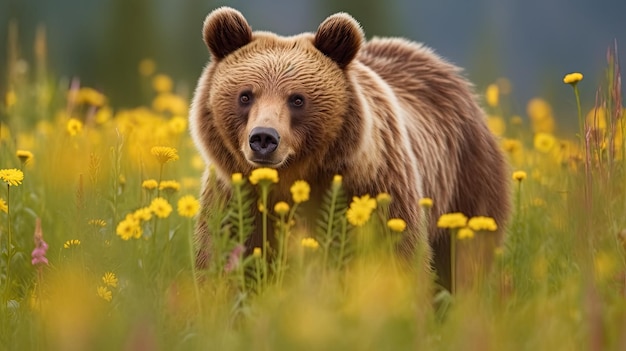 A brown bear in a field of flowers