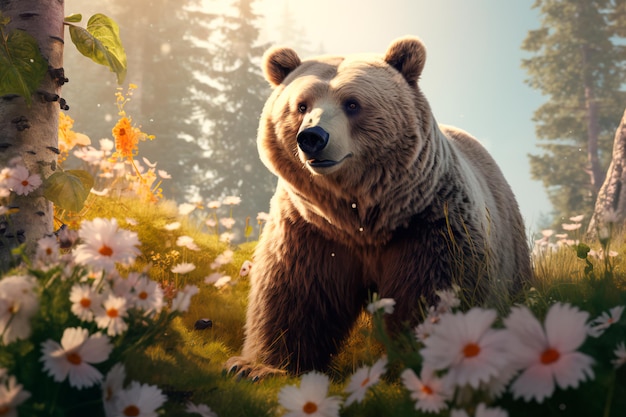 Brown bear on a flower meadow AI generated