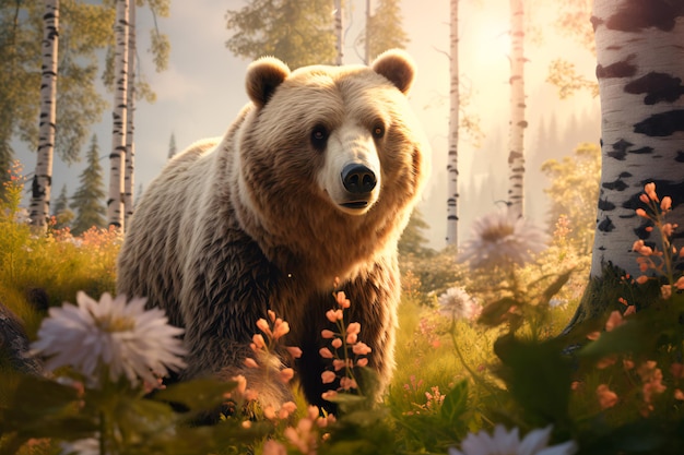 Бурый медведь на цветочном лугу сгенерирован искусственным интеллектом