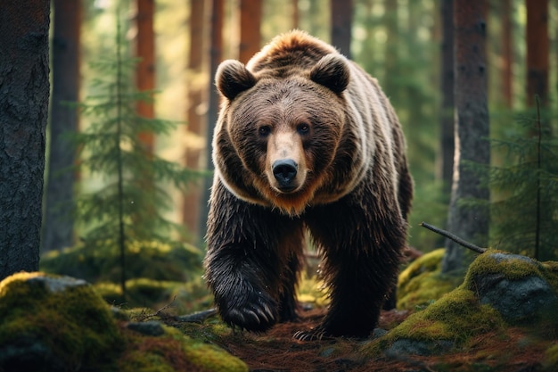 Photo brown bear in the forest dangerous animal in the forest wildlife scene a brown bear in the forest depicted in a closeup view of a wild animal ai generated