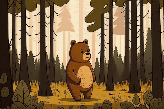 Brown bear in a forest super cute cartoon art style nordic style