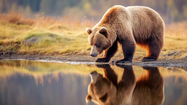 水飲み場にいるヒグマのハイイログマ