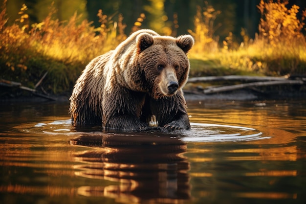 Бурый медведь гризли у водопоя