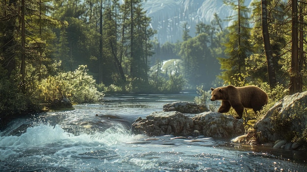 Brown bear during hunting for salmon in mountain river in summer wild grizzly animal on green trees and water background Concept of wildlife fish forest nature national park