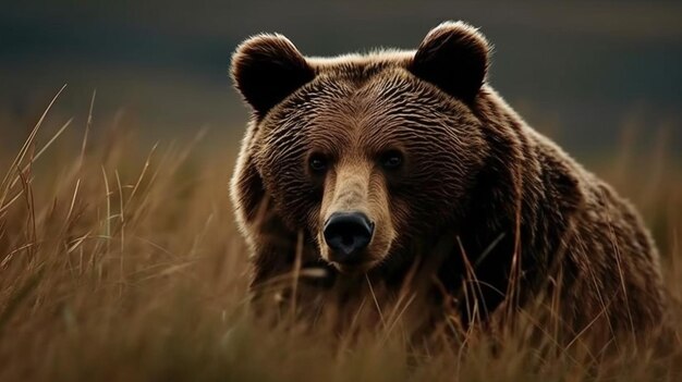 熊という文字が書かれた野原にヒグマがいます。