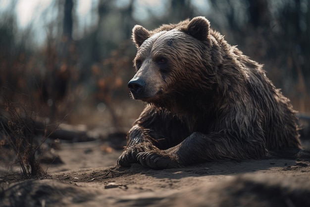 A brown bear is laying on the ground in the woods.