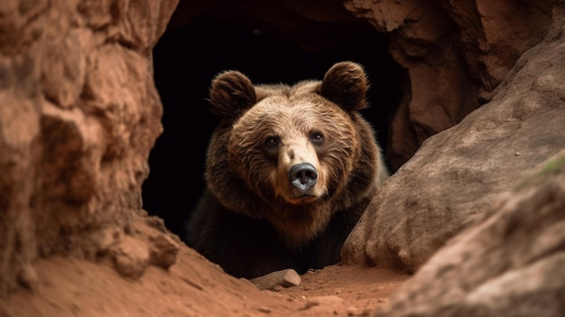 A brown bear is looking out of a cave.