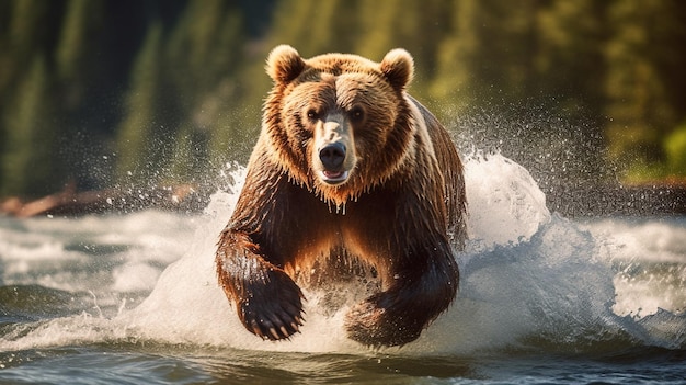 a brown bear is riding a wave in the water.