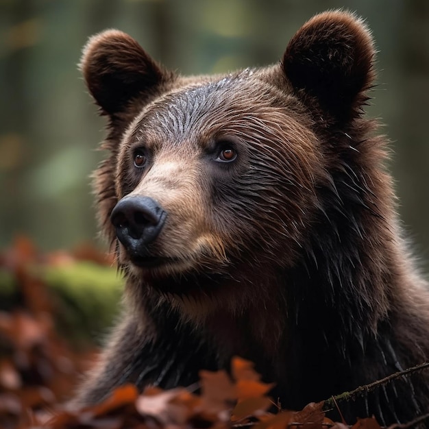 A brown bear is sitting in the woods in autumn.