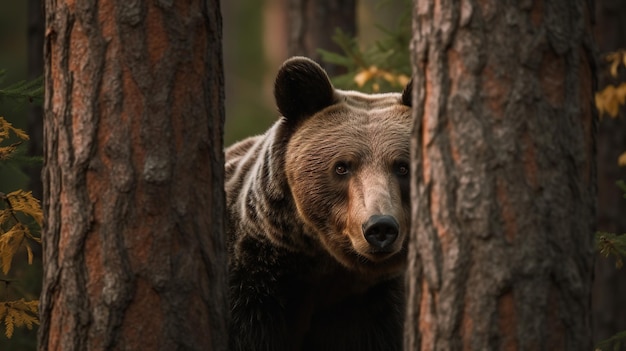 ヒグマが森の中に立っています。