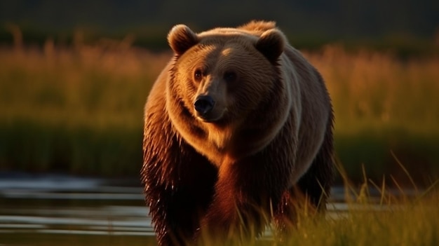 a brown bear is standing in the water and looking at the camera.