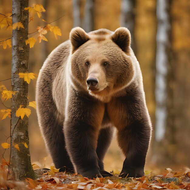 a brown bear is standing in the woods with autumn leaves