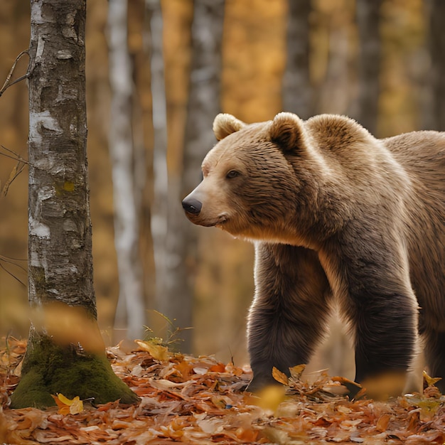 茶色のクマが地面に葉を残して森に立っています