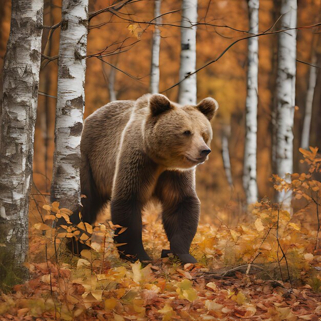 Foto un orso marrone sta camminando attraverso una foresta con alberi di betulla