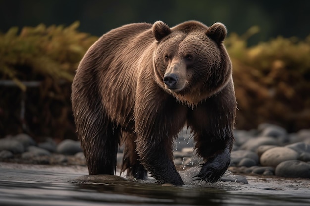 A brown bear is walking in the water.