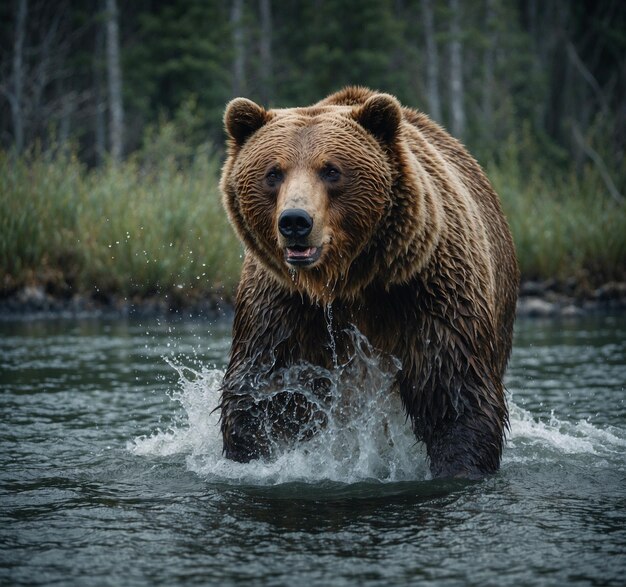 a brown bear is in the water and is in the water