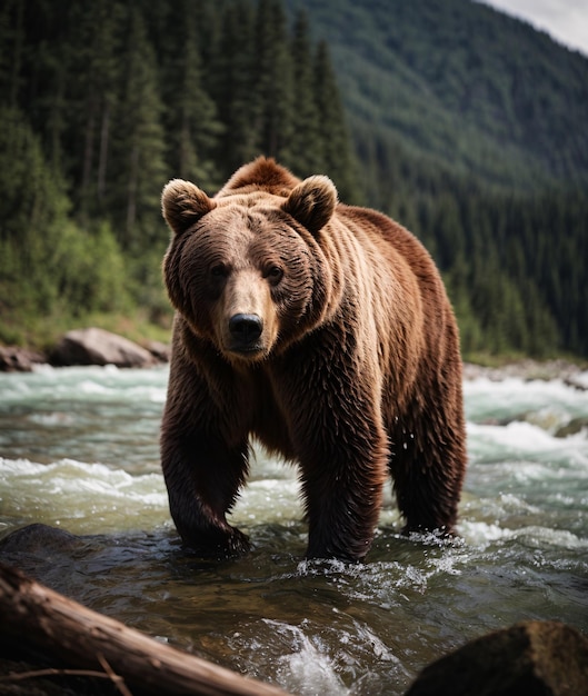 Photo brown bear looking for food near the river stream