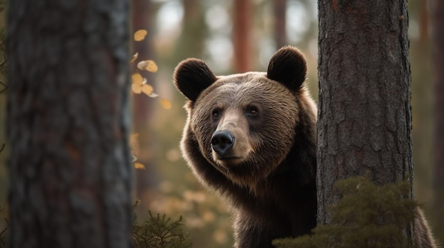 A brown bear looks out of a forest.
