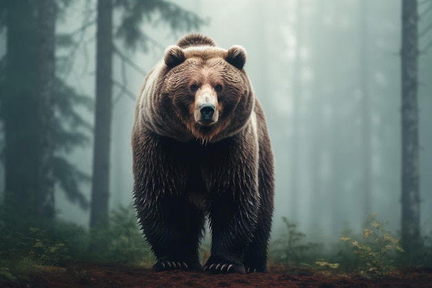 Бурый медведь в туманном утреннем лесу сгенерирован искусственным интеллектом