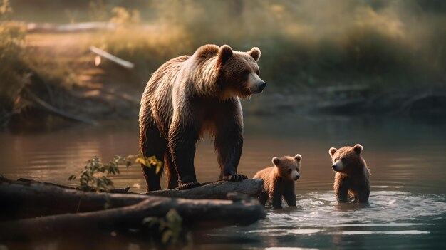 A Brown Bear Mother and her Cubs in the River