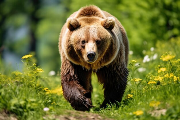 Foto orso bruno che si muove sul prato verde nella natura primaverile