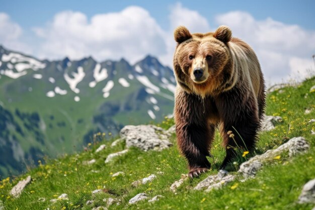 Бурый медведь движется по зеленому лугу в весенней природе
