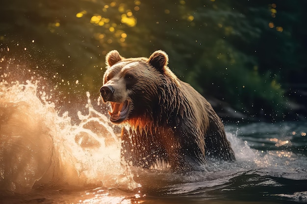 Коричневый медведь возле реки ловит лосося