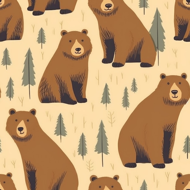 A brown bear pattern with trees and the words bear on it.