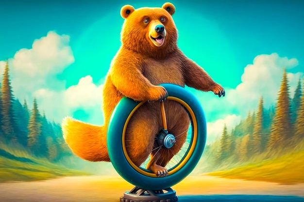 Brown bear riding on top of blue tire Generative AI