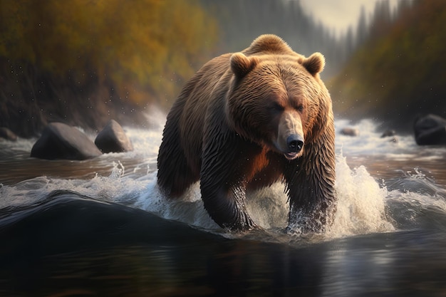 Brown bear on the river in autumn forest Dangerous animal in nature Generative AI