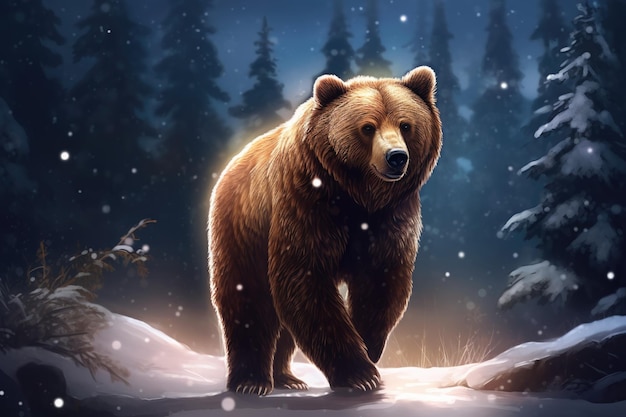 A brown bear in the snowy forest