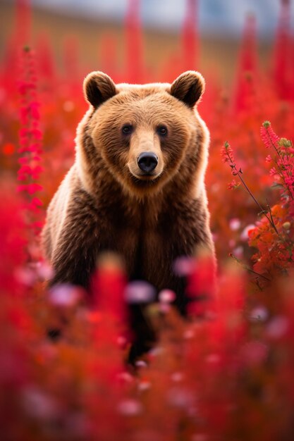 Photo a brown bear standing in a field of red flowers